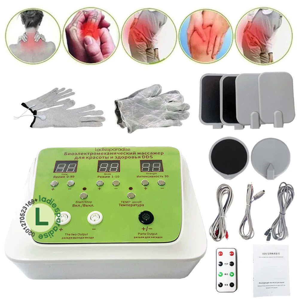 DDS bioelectric therapy device with LED display, massage gloves, electrode pads, cables, remote and user manual.