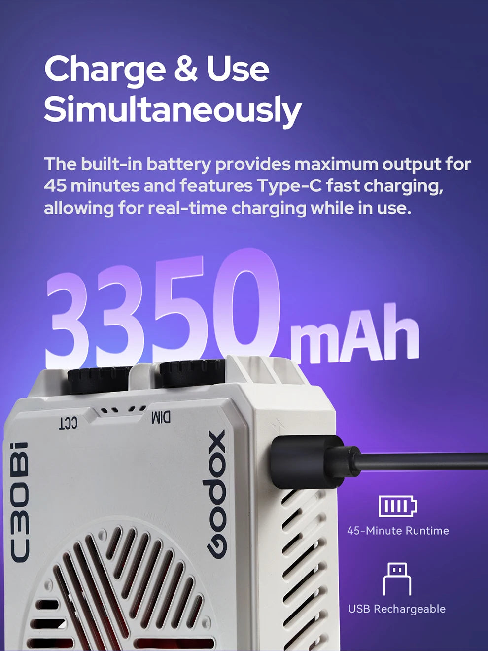 White C30Bi LED light with 3350mAh battery, featuring a USB-C charging port for continuous operation while in use.