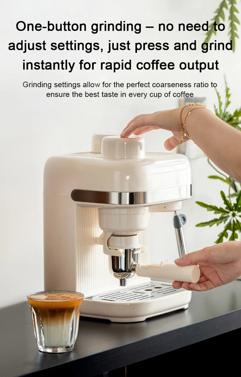 Cream-colored espresso machine with built-in grinder, one-button operation, and portafilter for home coffee brewing.
