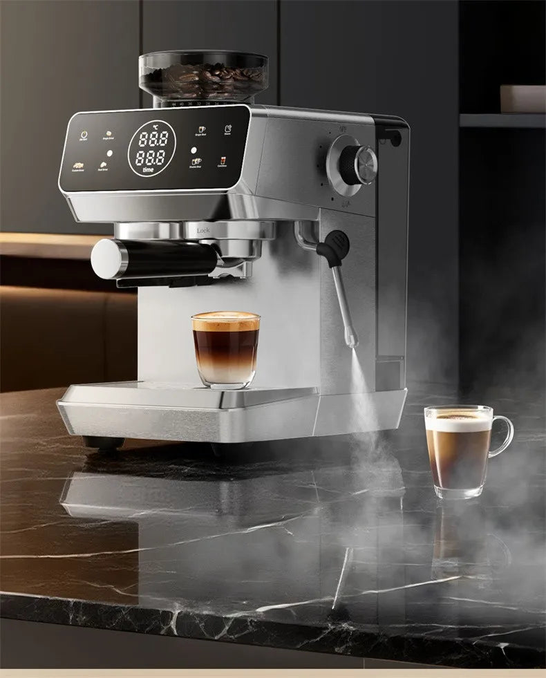 Silver stainless steel espresso machine with integrated grinder, digital touchscreen, and milk frothing steam wand.