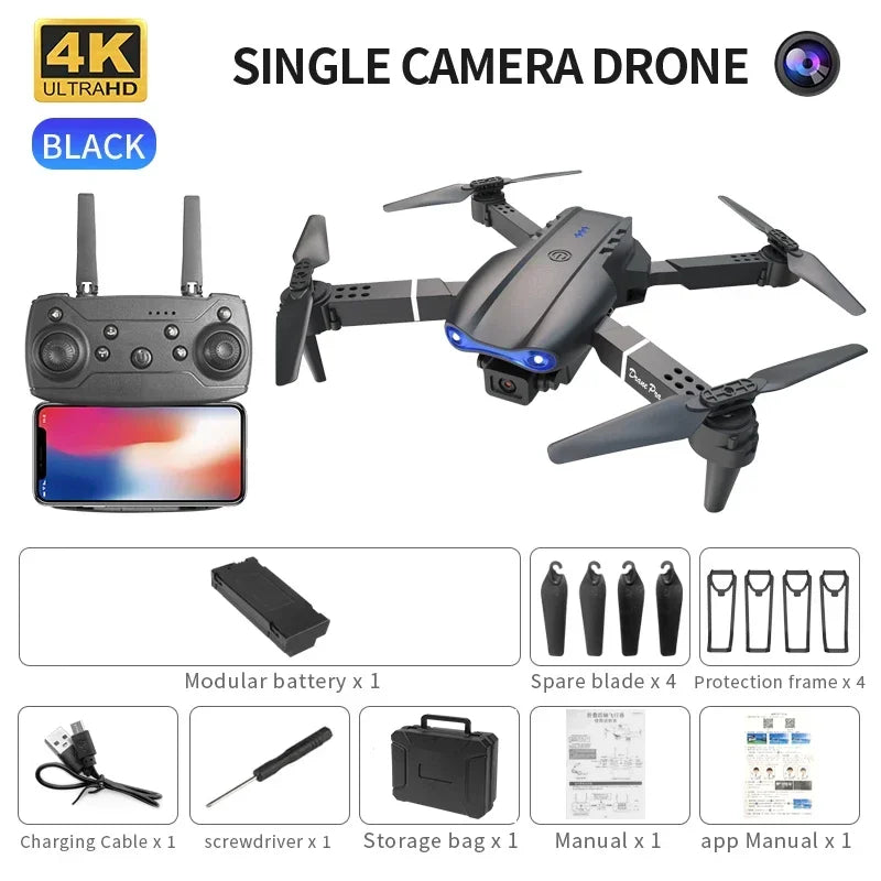 Black foldable 4K single-camera drone with remote control, spare blades, guards, battery, cable, and storage case.