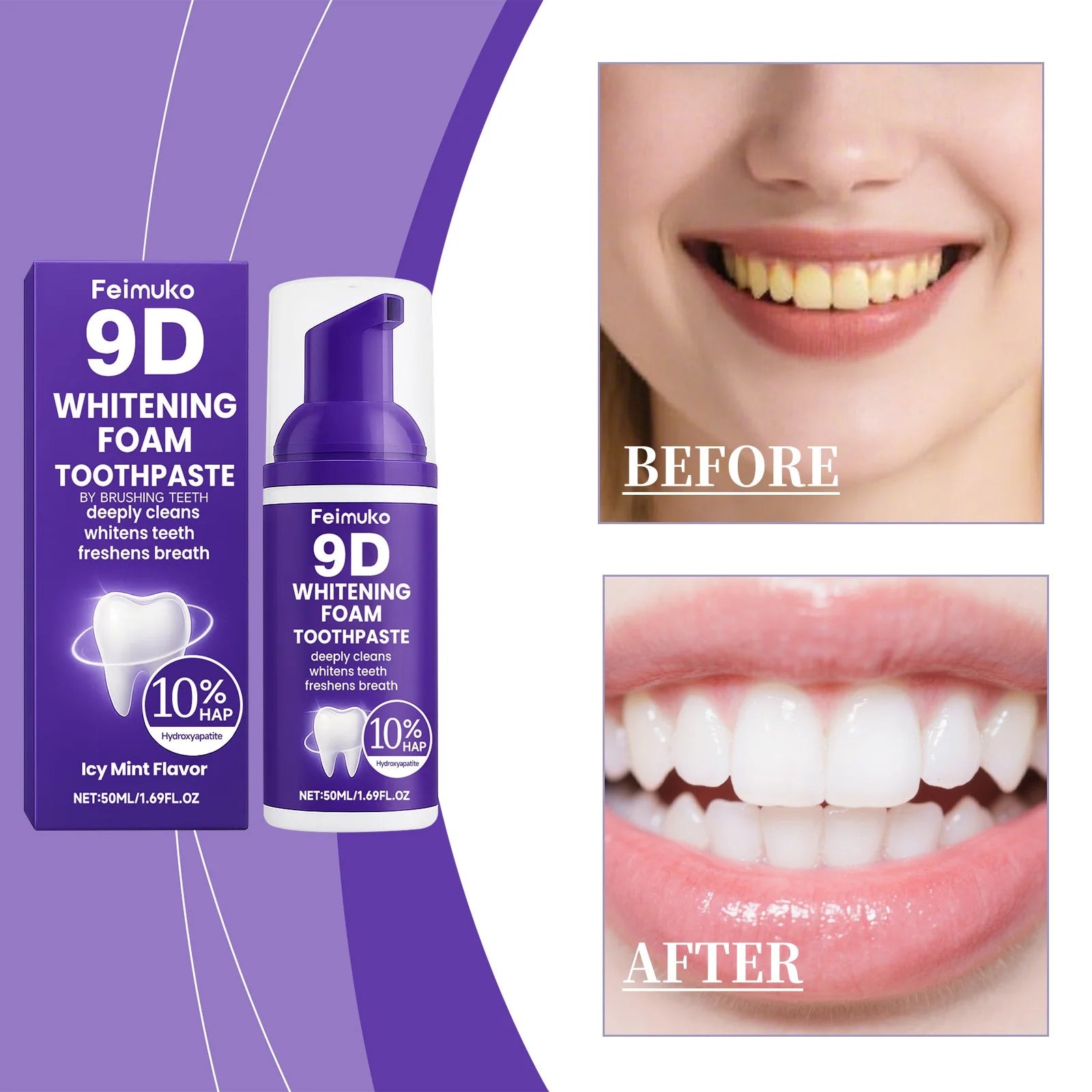 Tidesmit 9D Purple Whitening Foam Toothpaste with 10% Hydroxyapatite for travel stain removal and fresh breath