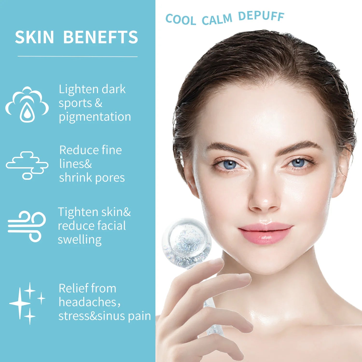 Woman holding a clear, glitter-filled glass ice massage ball for facial skin care, with text listing skin benefits.