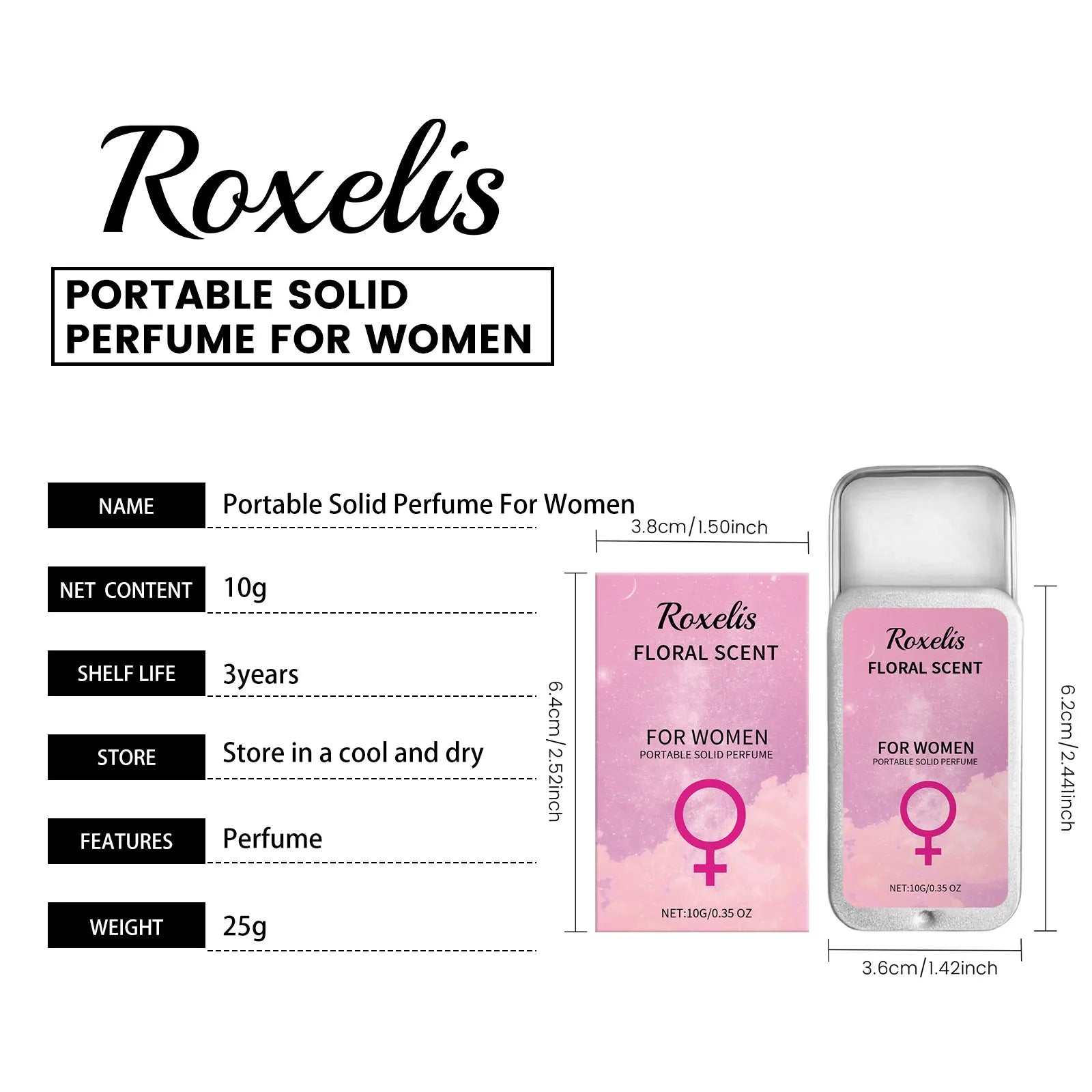Roxelis portable solid perfume for women, floral scent balm in a sleek rectangular metal tin, 10g pocket travel size.