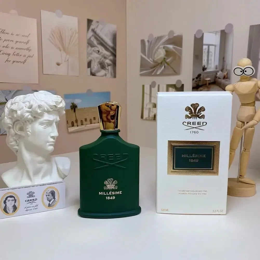 Creed Millésime 1849 unisex perfume: green glass bottle, gold cap, EDP spray, luxury fragrance with box, 100ml.