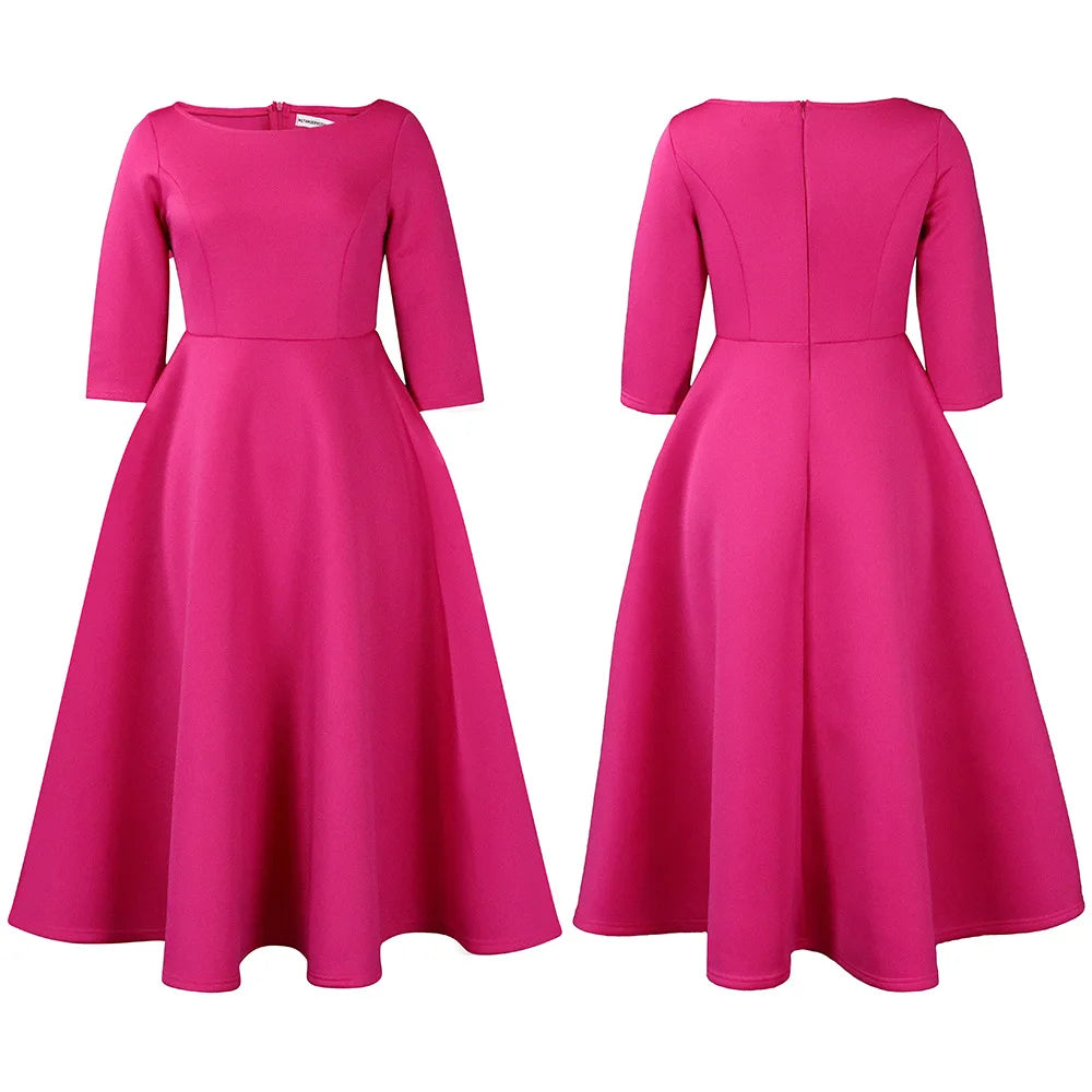 Elegant Pure Color Maxi Dress Evening Gown A- Line Skirt Polyester Fabric round Neck Short Sleeve High Waist Midi Dress