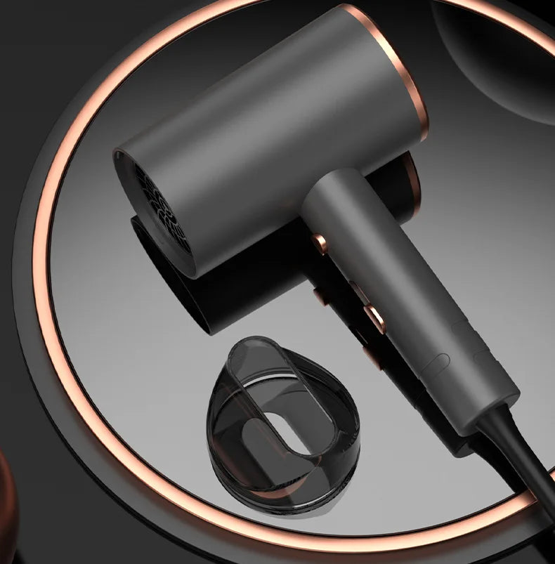 Matte gray and rose gold ionic hair dryer with nozzle attachment, professional wall-mounted design for 2024.