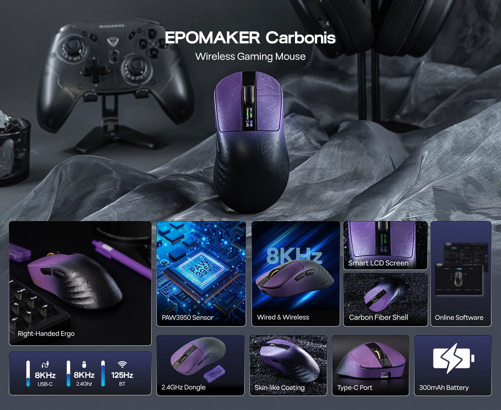 EPOMAKER Carbonis Tri-mode Wireless PAW3950 Sensor Gaming Mouse 8K Polling Rate & 30K DPI Ergonomic Mouse with Digital Display