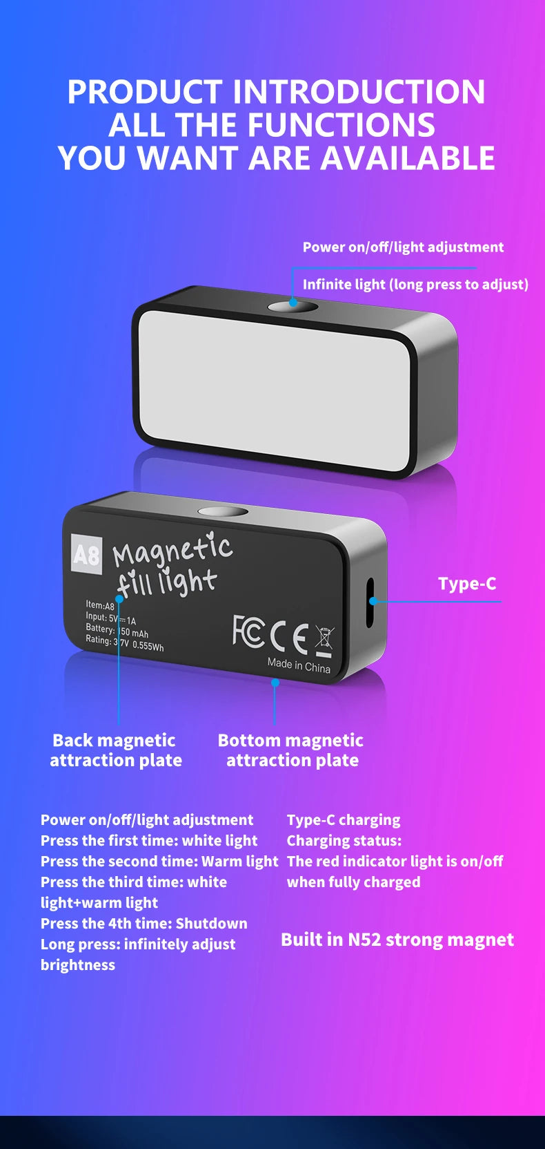A8 magnetic fill light with white rectangular face, metallic casing, Type-C port, and adjustable brightness settings.
