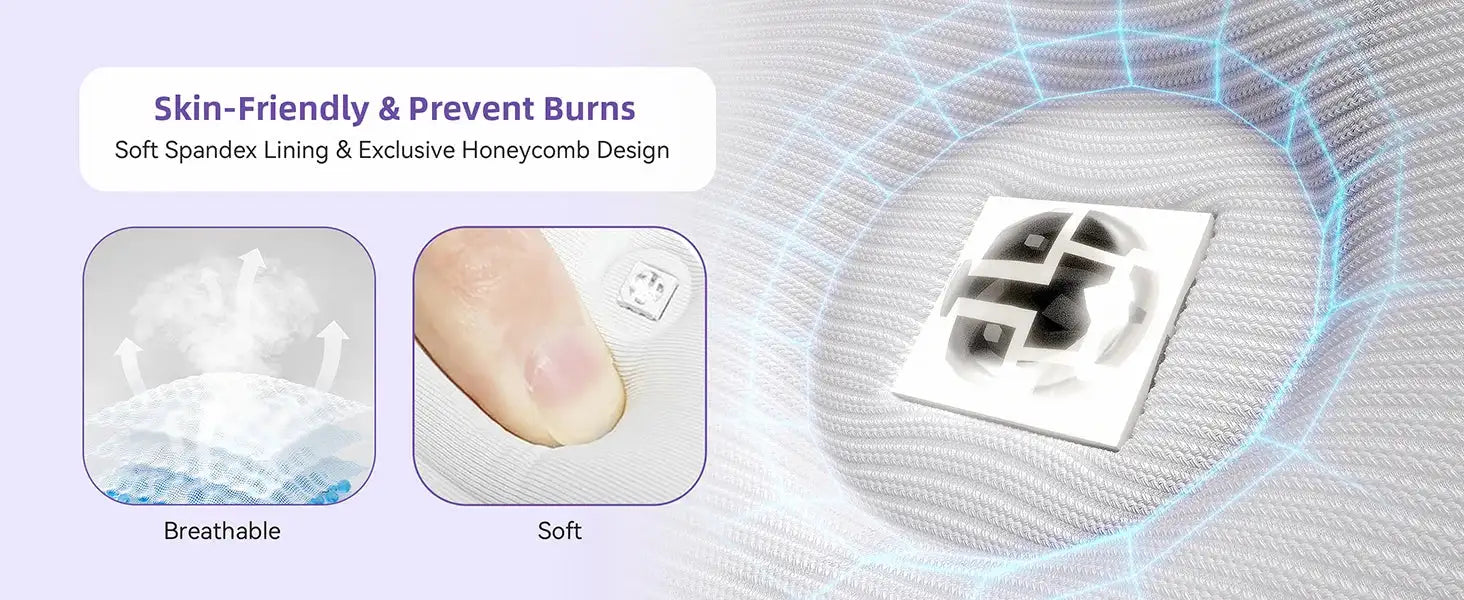 Close-up of a soft, white, honeycomb-patterned LED therapy mask showing breathable fabric and a protective LED chip.