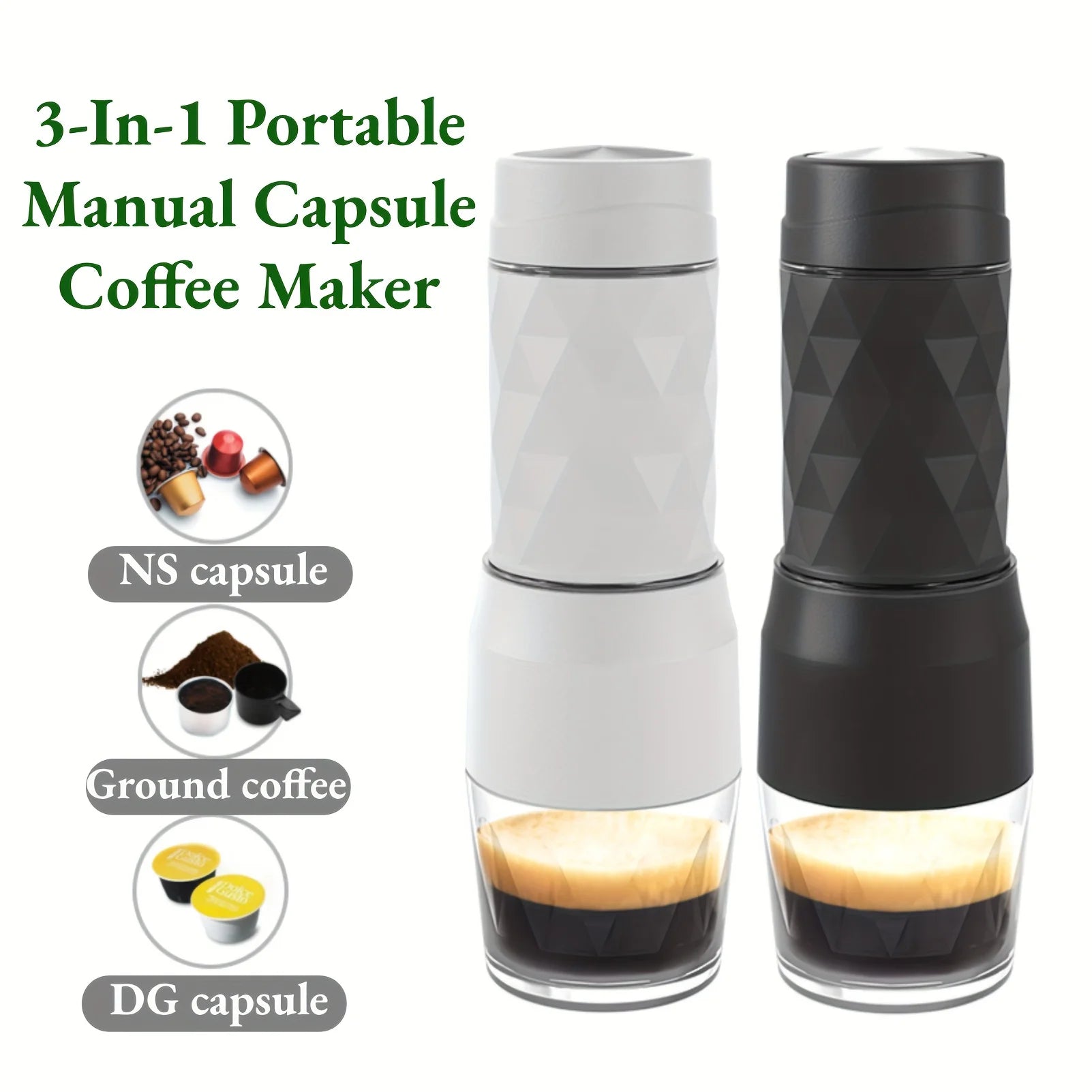 3-in-1 portable manual espresso maker in black and white for NS capsules, DG capsules, and ground coffee.
