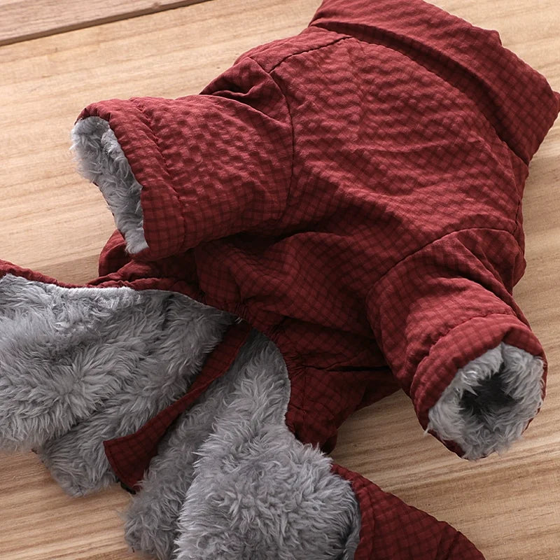 Maroon waterproof dog winter jumpsuit with warm grey fleece lining for small breeds like Chihuahuas and Dachshunds.