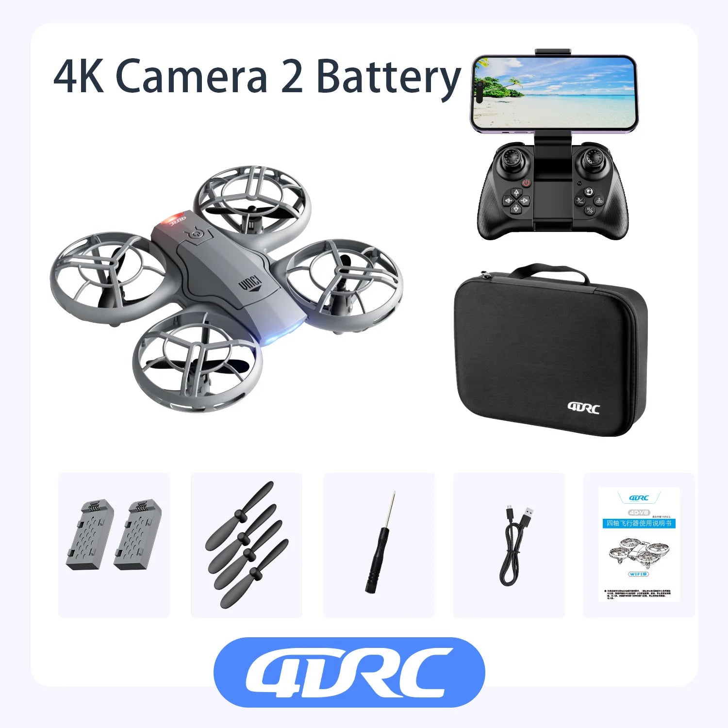 Grey 4K camera drone with protective propeller guards, remote controller with phone mount, carrying case, and