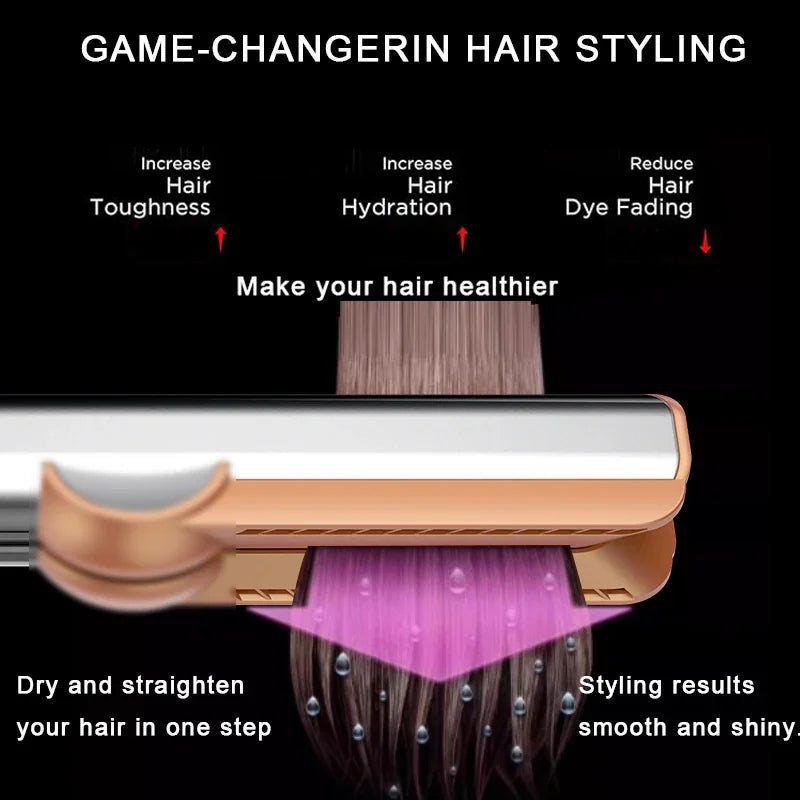 Rose gold 2-in-1 negative ion hair straightener and dryer for smooth, hydrated, salon-quality styling at home.