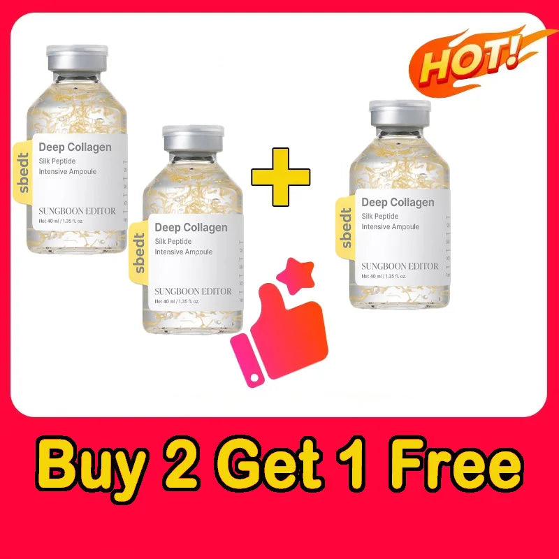 Sungboon Editor Deep Collagen Silk Peptide Intensive Ampoule bottles in glass vial design, anti-aging facial essence.