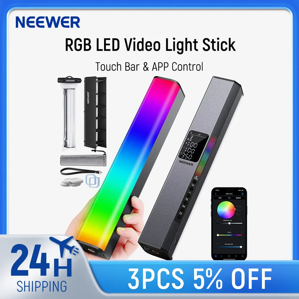 Handheld RGB LED light stick with touch control, digital display, and smartphone app support for photography lighting.