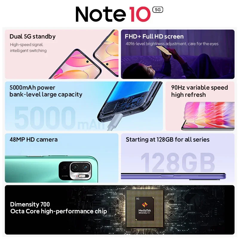 5G Smartphone Xiaomi Redmi Note 10 128GB 256GB 7nm Dimensity 700 6.5 Inch Display 48MP Camera 5000mAh Mobile Phones Global ROM