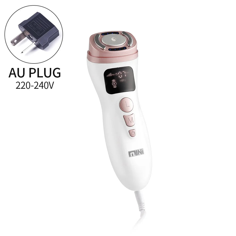 White and rose gold handheld HIFU facial tightening device with digital display, buttons, and an AU plug adapter.