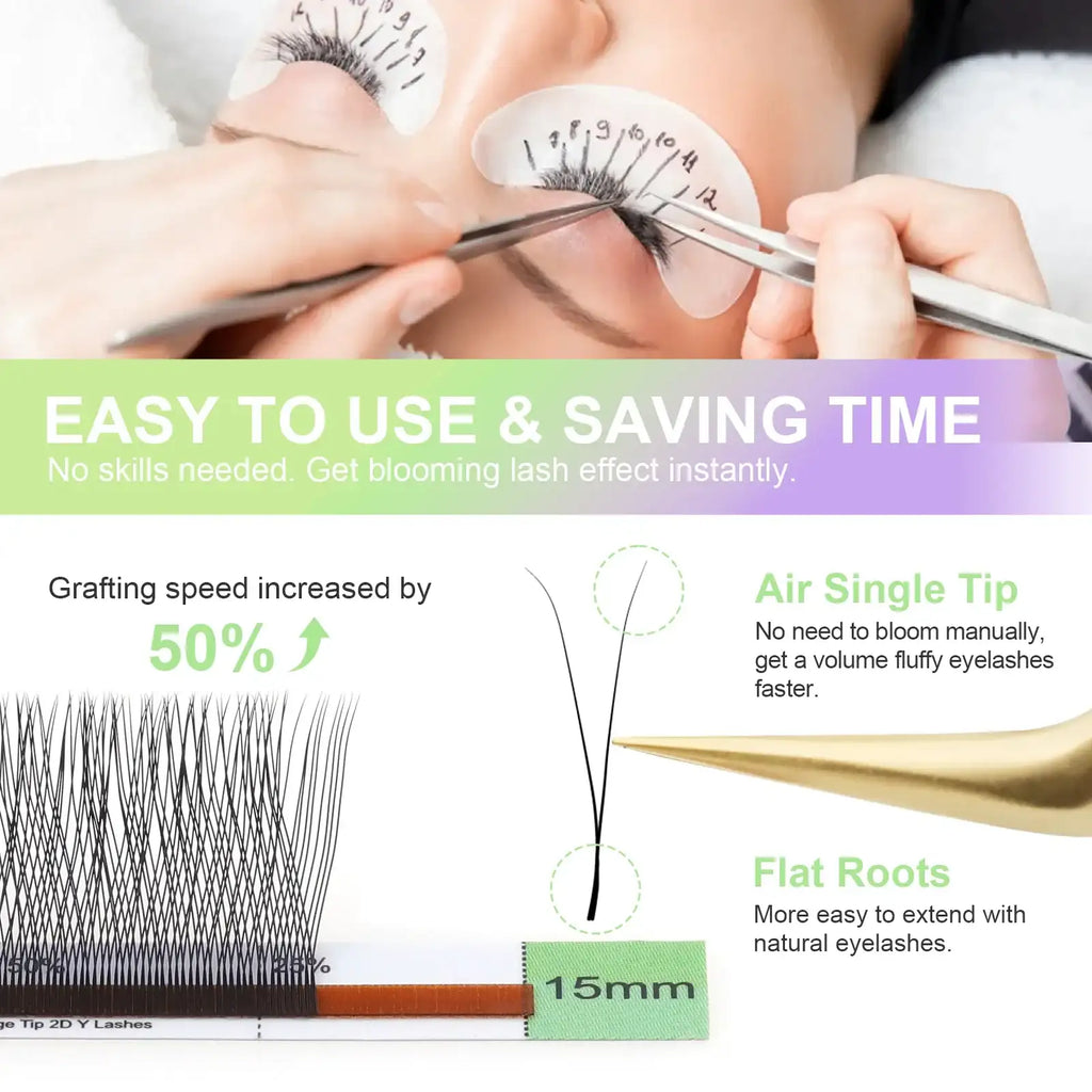 NAGARAKU YY 2D volume eyelash extensions with black mesh net, air single tips, and flat roots for easy application.