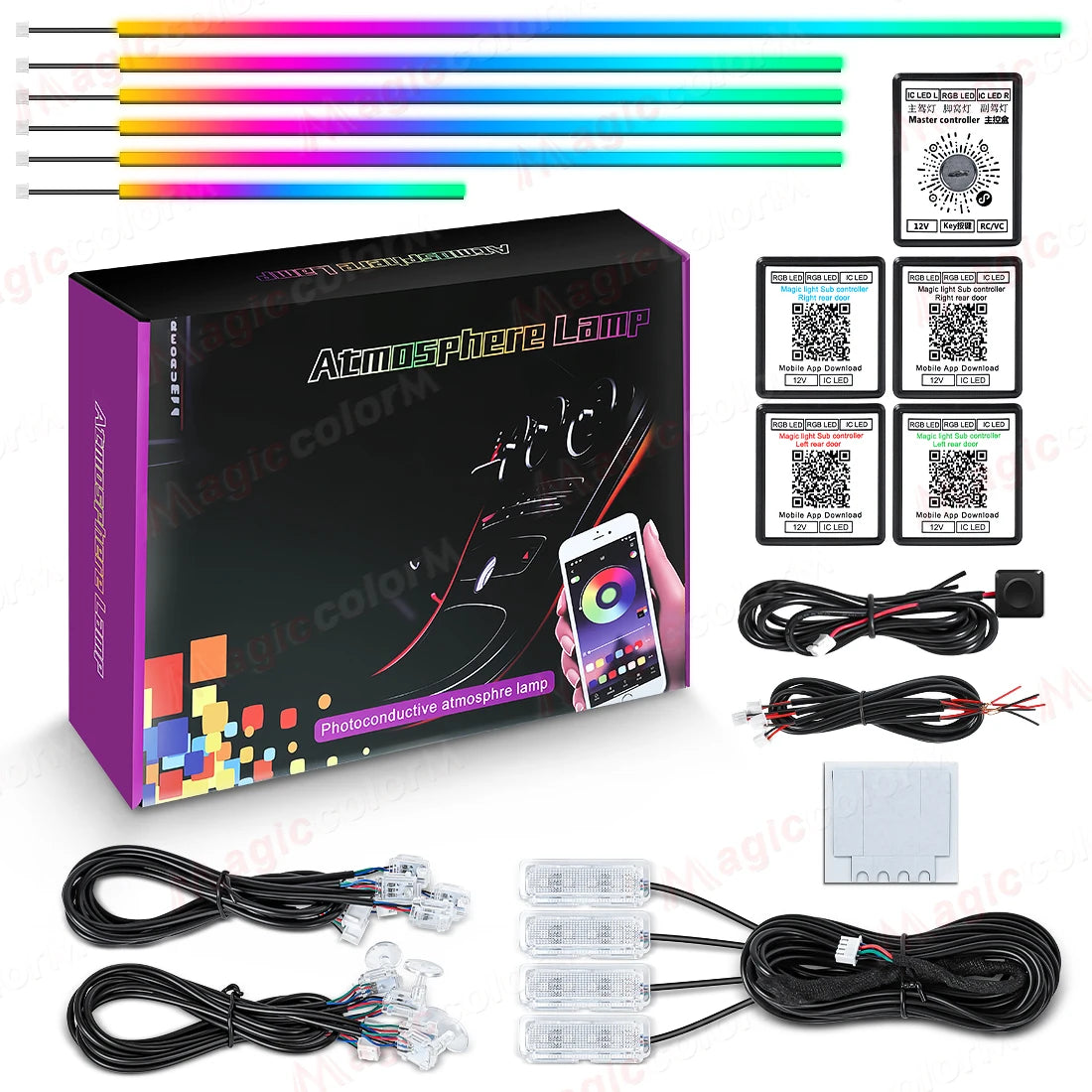 Car LED atmosphere lamp kit with color-changing light strips, controllers, cables, and installation accessories.