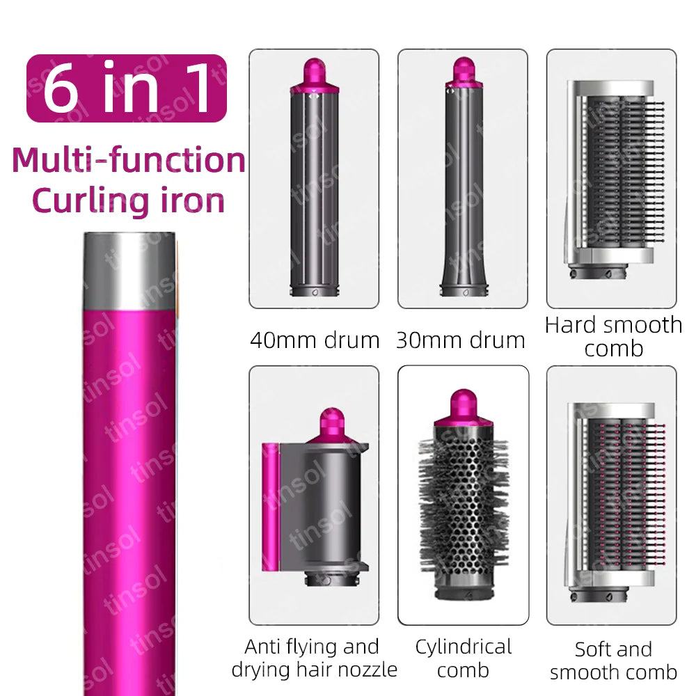 6-in-1 pink ionic hair dryer set with curling barrels, smoothing combs, and hair styling attachments for fast drying.