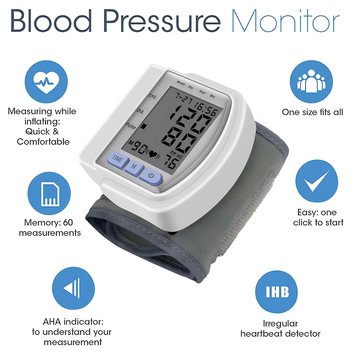 Wrist Blood Pressure Monitor Bp Monitor Large LCD Display Blood Pressure Machine Adjustable Wrist Cuff