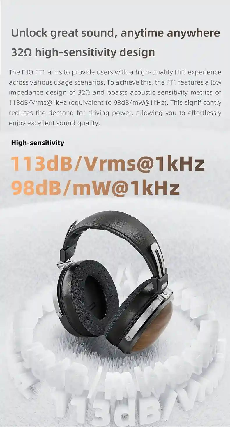 FiiO FT1 Closed-Back Over-Ear Headphones with 60mm Wood Driver Tidesmit