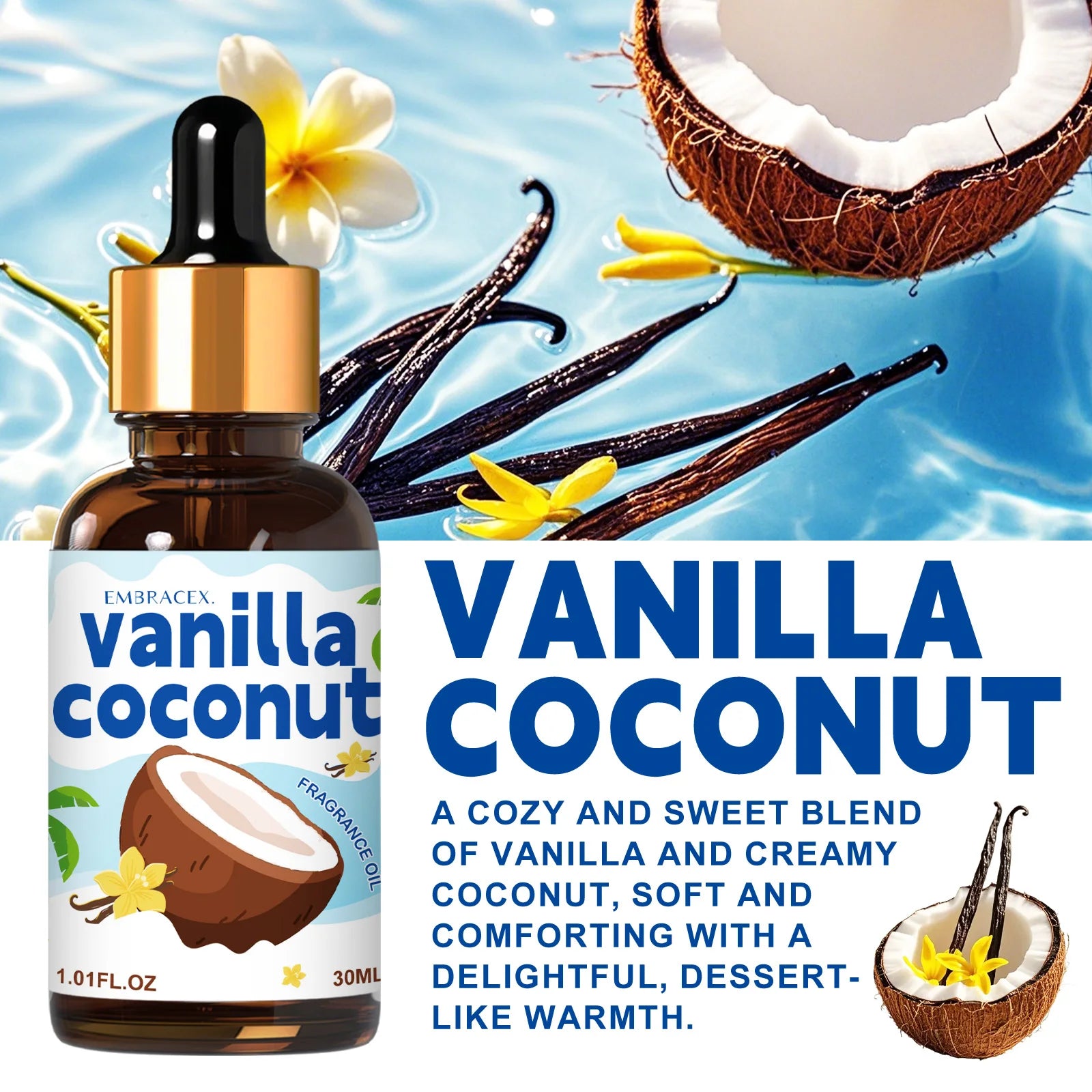 30ml Vanilla Coconut Essential Oil For Diffusers, Car Air Freshener Oil DIY Projects, Candle Making Long Lasting Scent, Gifts