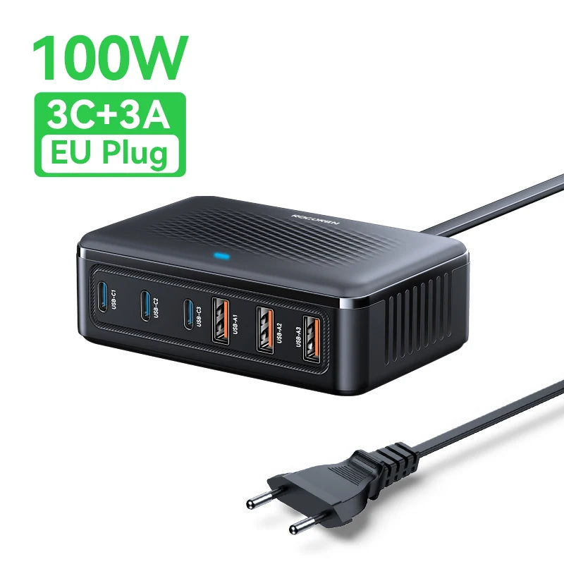 Black rectangular Rocoren 100W GaN desktop charging station with six ports and an EU power plug.
