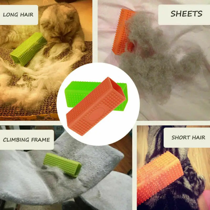 Orange and green silicone pet hair removal brush for cats and dogs, effective for furniture, bedding, and shedding.