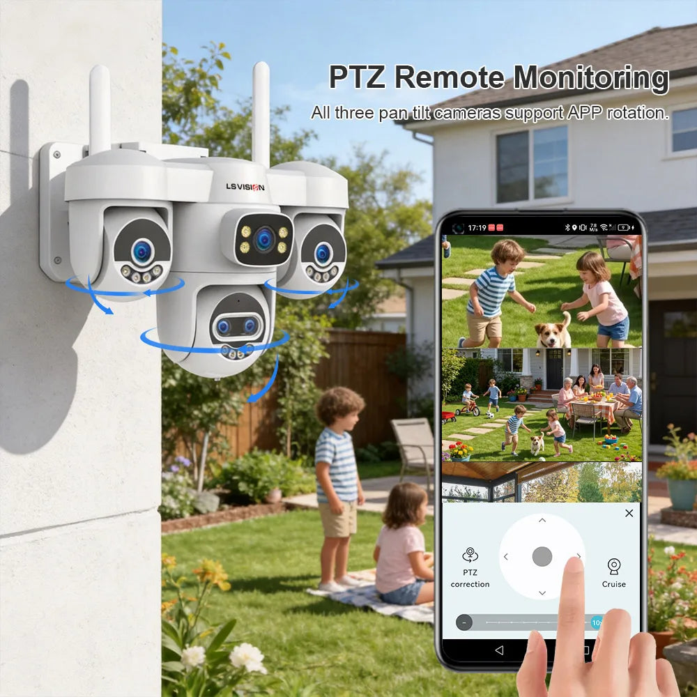 LS VISION 20MP 10X Zoom Three PTZ WiFi Security Camera Outdoor Four Screens 5-Lens Auto Tracking PC Client CCTV Cam Okam Pro App