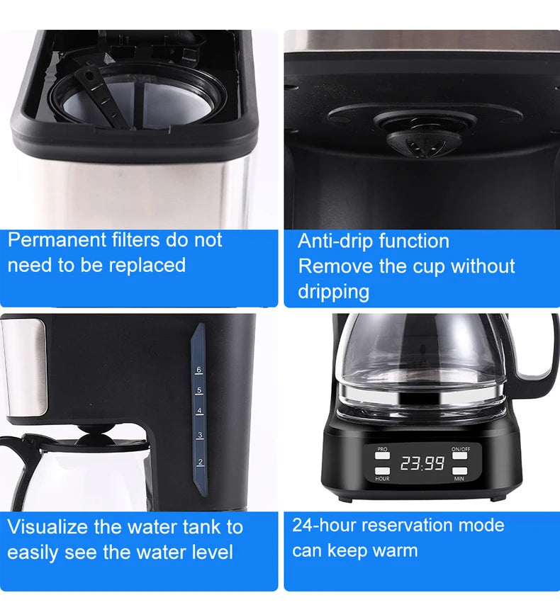 Stainless steel 6-cup programmable coffee maker with digital display, permanent filter, and anti-drip carafe.