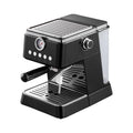 Black espresso machine with pressure gauge, steam wand, drip tray, and water tank on white background.