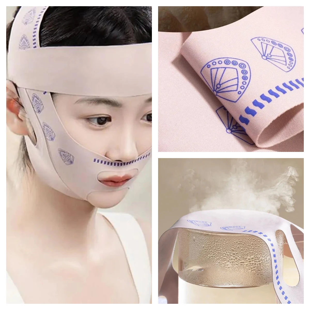 Pink, breathable V-line face sculpting mask with blue fan patterns, worn by a woman and shown for fabric breathability.