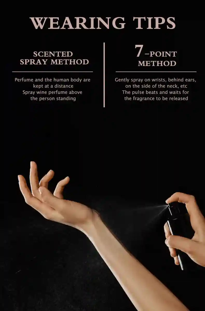 Middle East Mysterious long-lasting aromatic men’s perfume, sleek black bottle, applying EDP fragrance on pulse points.