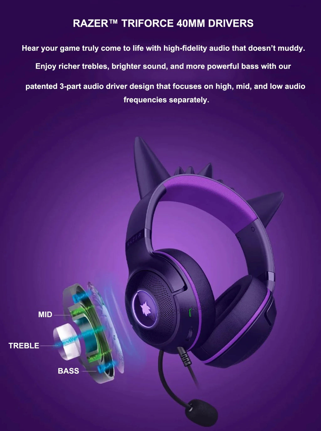 Razer Gengar Kraken Kitty V2 RGB Wired Gaming Headset - Gengar Purple Tidesmit