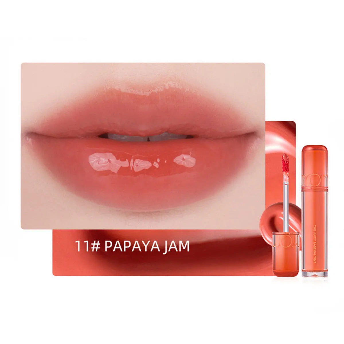 rom&nd Juicy Lasting Tint in 11 Papaya Jam: glossy, hydrating Korean lip tint with a vibrant orange-coral finish.