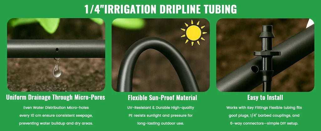1/4 in drip irrigation tubing roll with built-in emitters and 1/4 in fittings
