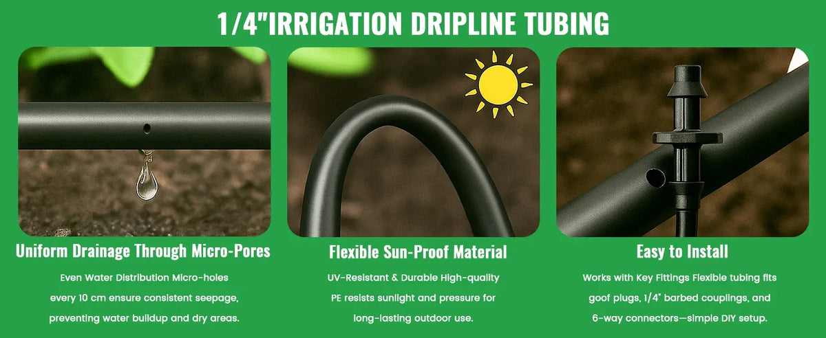 1/4 in drip irrigation tubing roll with built-in emitters and 1/4 in fittings