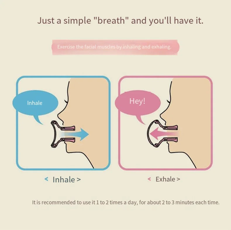 Diagram showing how to use a pink silicone facial exercise tool by inhaling and exhaling to tone facial muscles.