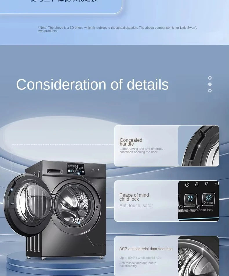 Tidesmit 10kg front-load washing machine with intelligent frequency conversion and durable plastic design, side view.