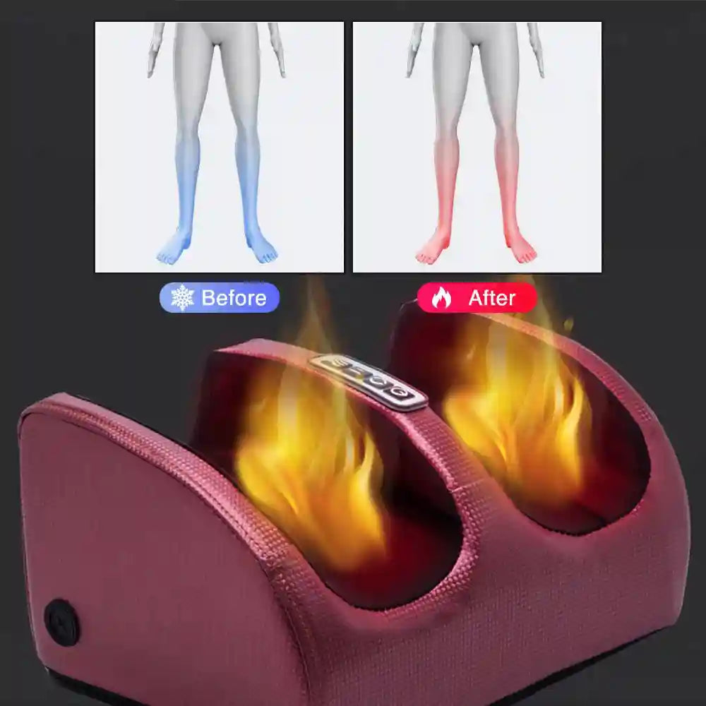 Red electric shiatsu foot massager with heating therapy, showing cold-to-warm relief for muscle pain and relaxation.