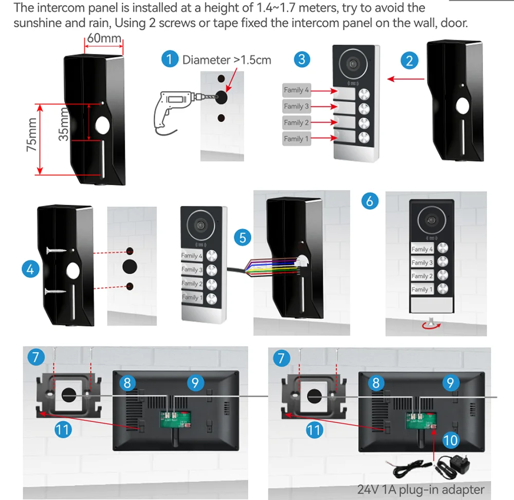 2-4 Unit Home 2 Wire 7inch Touch Video Intercom for Apartments Residential Video Door Phone System with RFID Card APP Unlock ﻿
