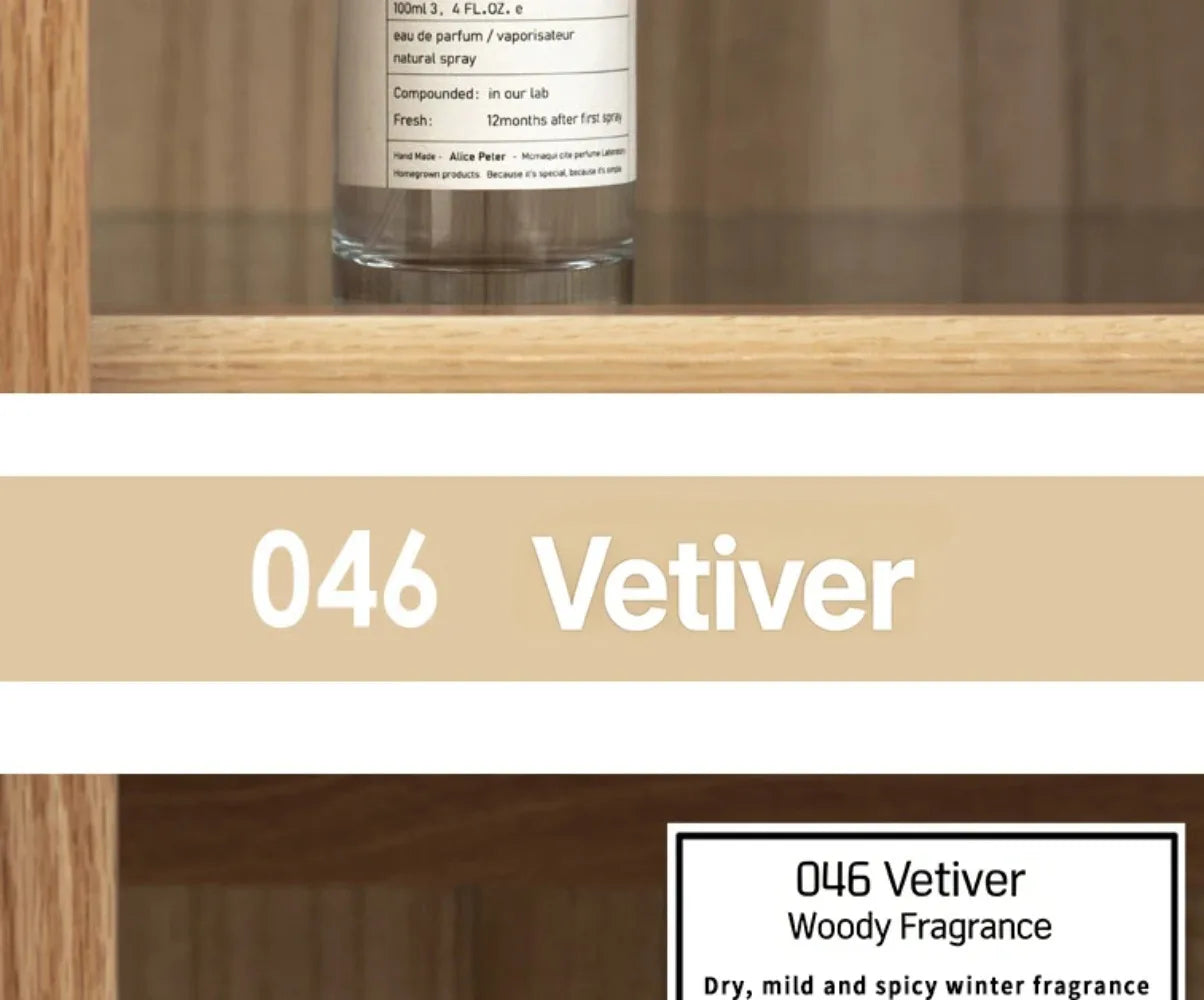 Alice Peter 046 Vetiver 100ml unisex woody Eau de Parfum. Minimalist clear glass bottle, dry, spicy winter scent.