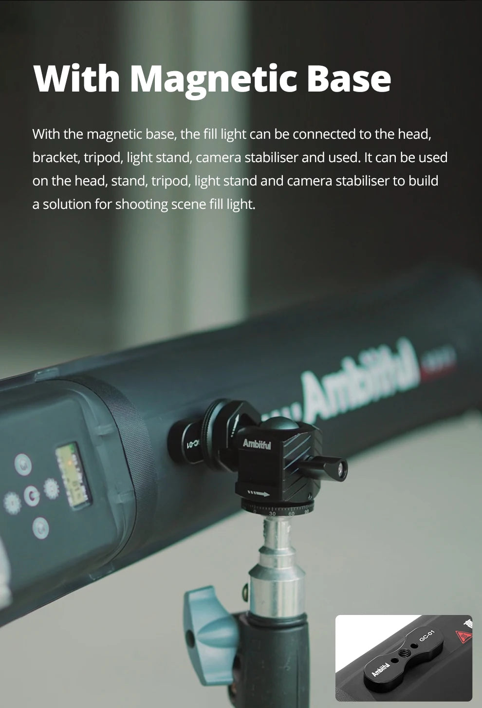 Black metal magnetic mount for photography lights, attaching a cylindrical light to a tripod stand.
