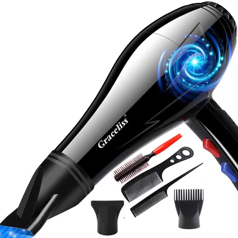 1800W black professional hair dryer with nozzle attachments and styling combs for fast, salon-quality drying at home.