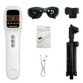 White handheld red light therapy device with digital display, protective glasses, tripod stand, and USB charging cable.