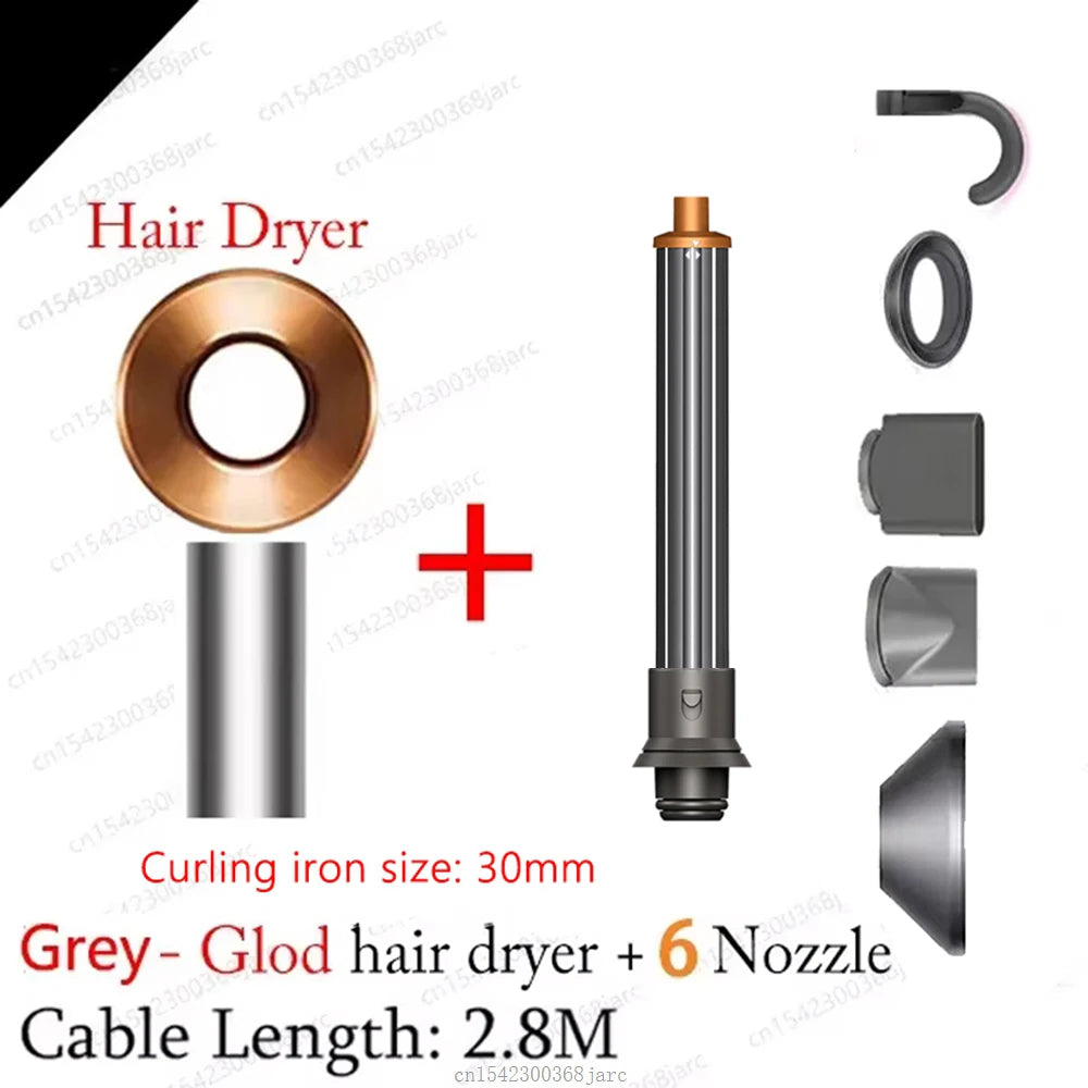 SenCiciMen grey and gold leafless ionic hair dryer with 6 styling attachments and 30mm curling barrel for salon use.