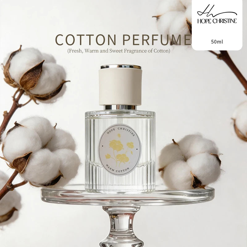 Hope Christine Warm Cotton unisex perfume, 50ml, fresh scent in a ribbed glass bottle with white cap. Daily wear niche.