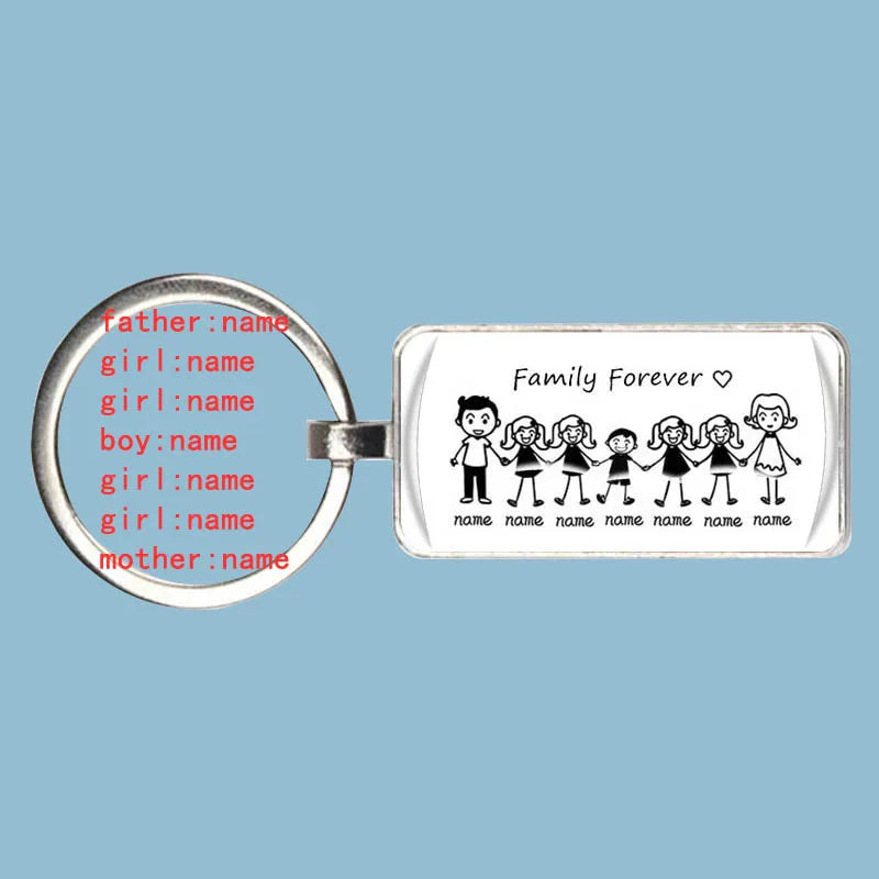 Personalized custom rectangle keychain with engraved family stick figures, a sentimental gift for parents and loved ones.